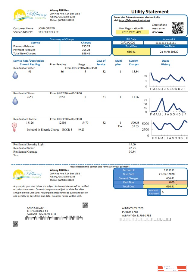 USA Georgia City of Albany water and electricity utility bill template in Word and PDF format